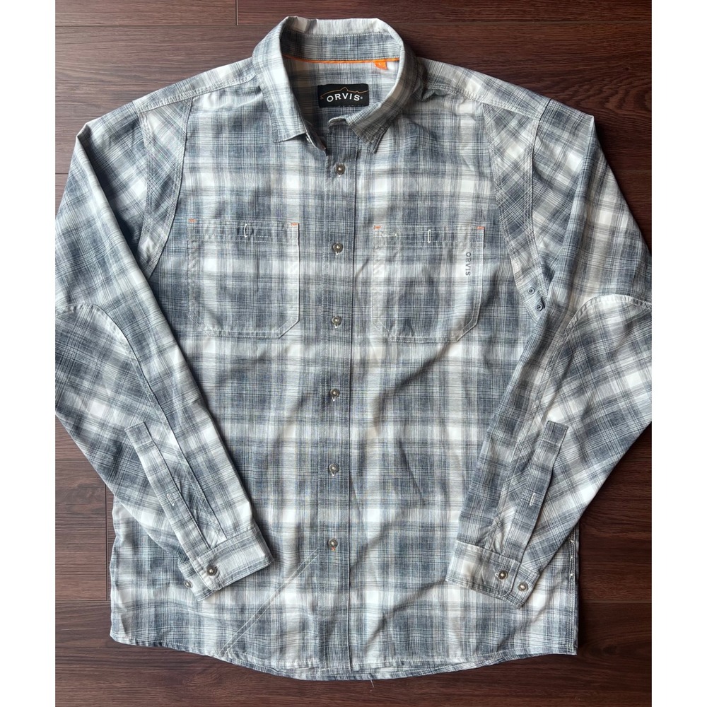 Orvis Mens Gray White Plaid Long Sleeve Button Down Outdoor Fishing Shirt Large